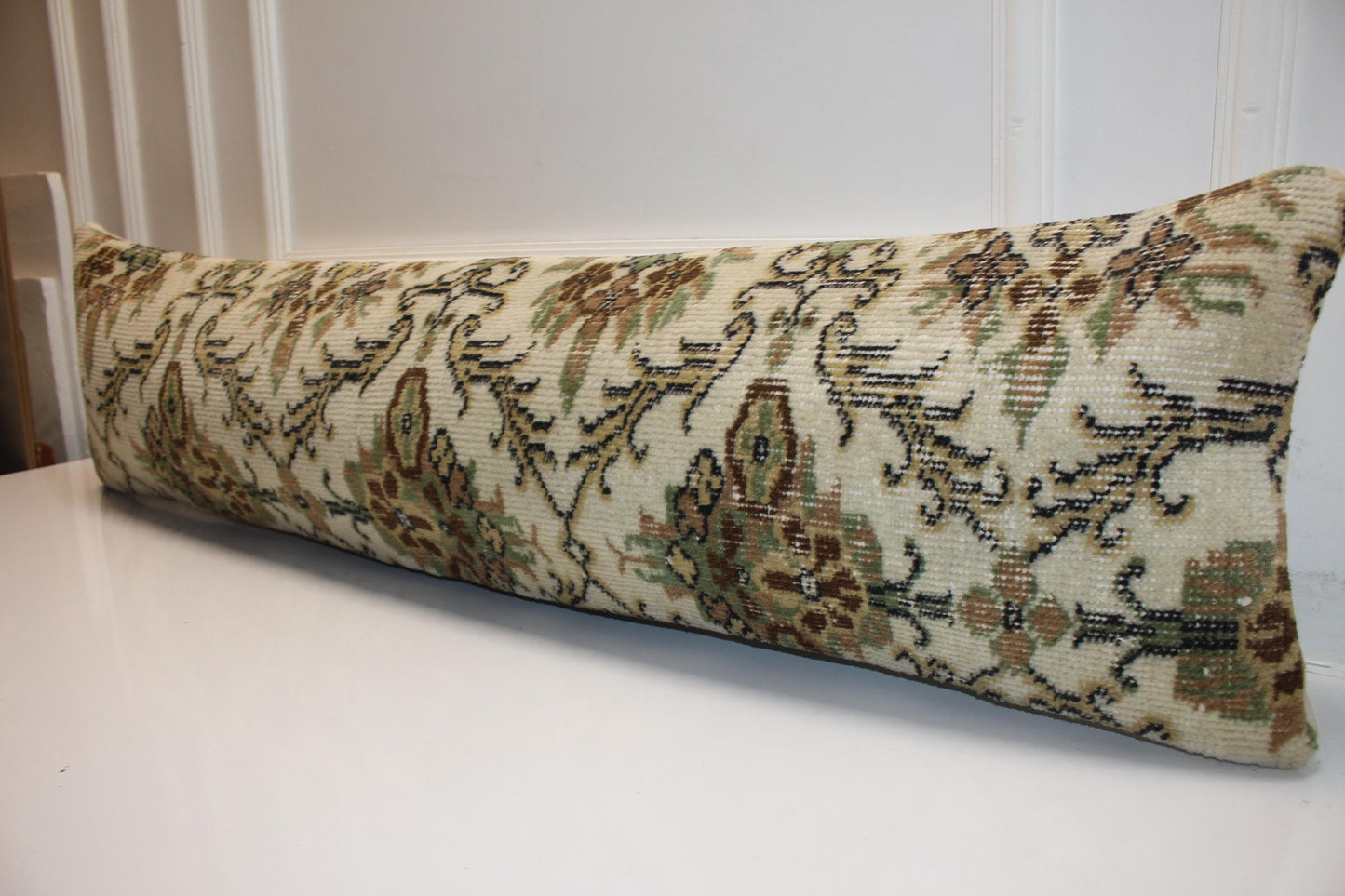 Timeless Vintage Turkish Kilim Bench Pillow 12x48 Long Cream Handwoven Heritage Textile Accent