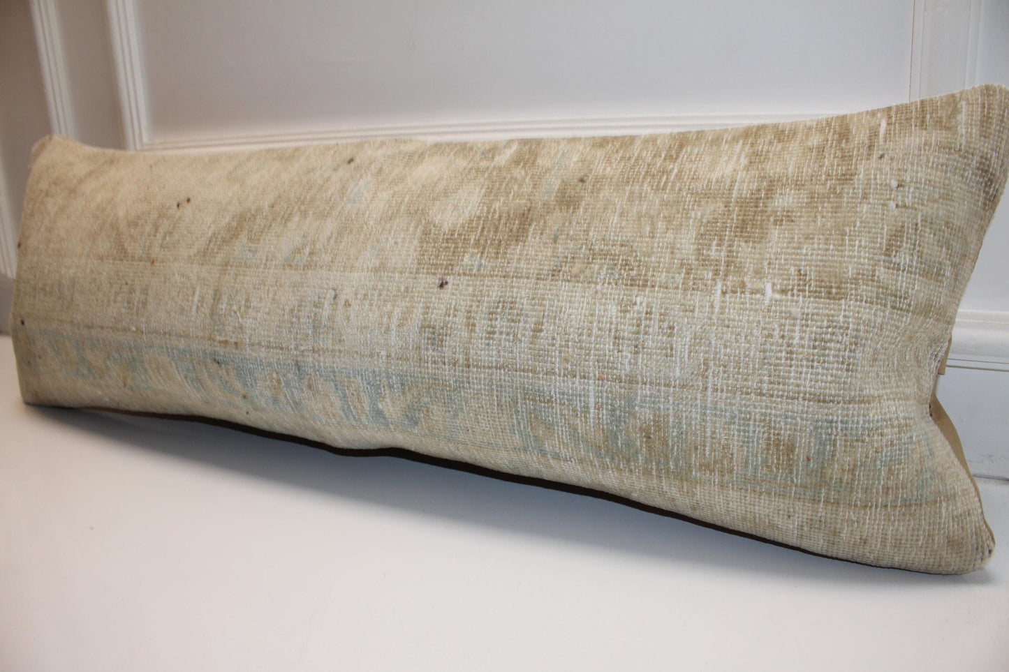 Faded Cream Vintage Turkish Kilim Bench Pillow 12x36 Long Handwoven Quiet Tone Textile Accent
