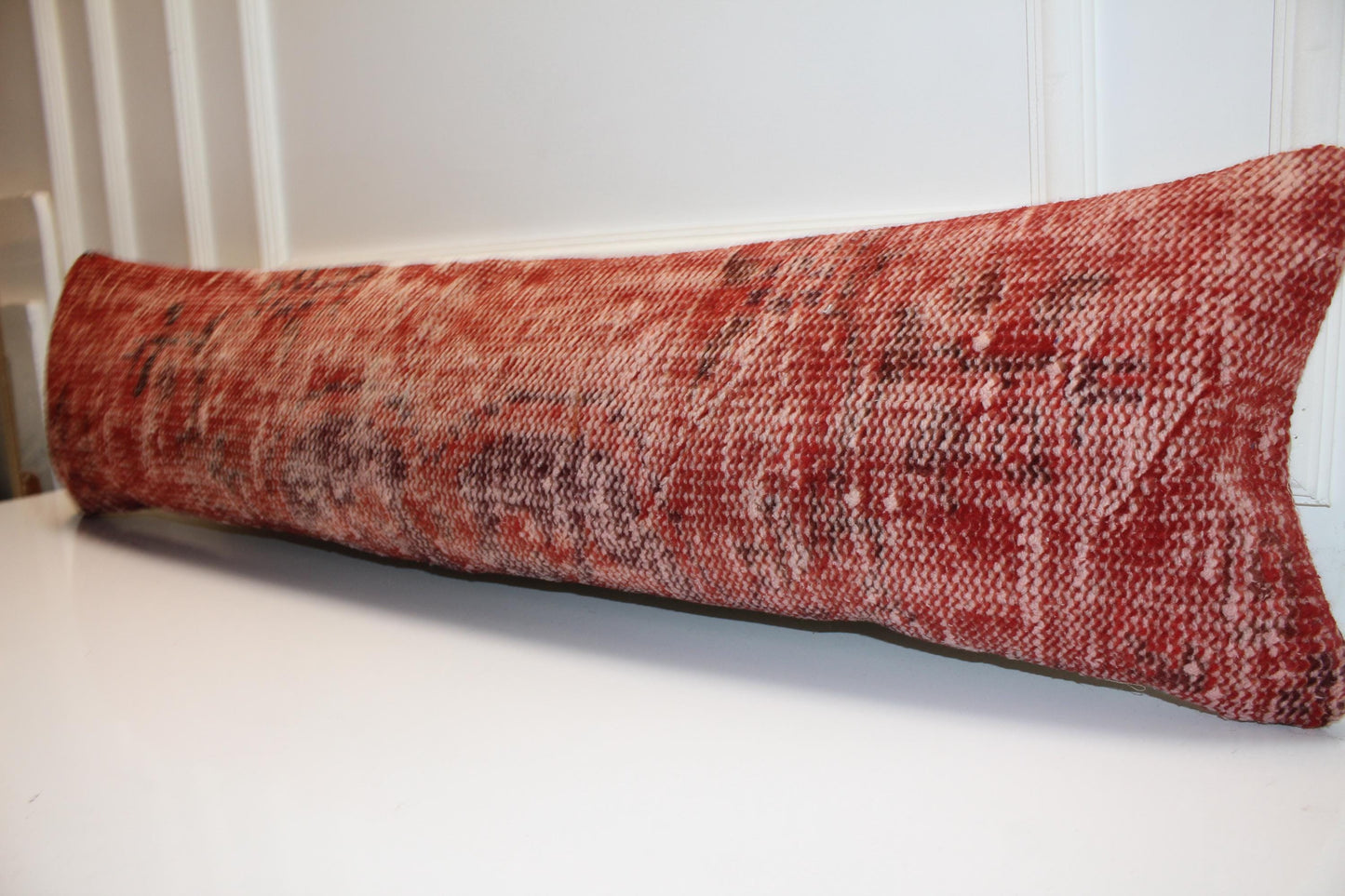Vintage Turkish Kilim Bench Pillow, Burnt Terracotta Lumbar Cushion, Boho Anatolian Cover