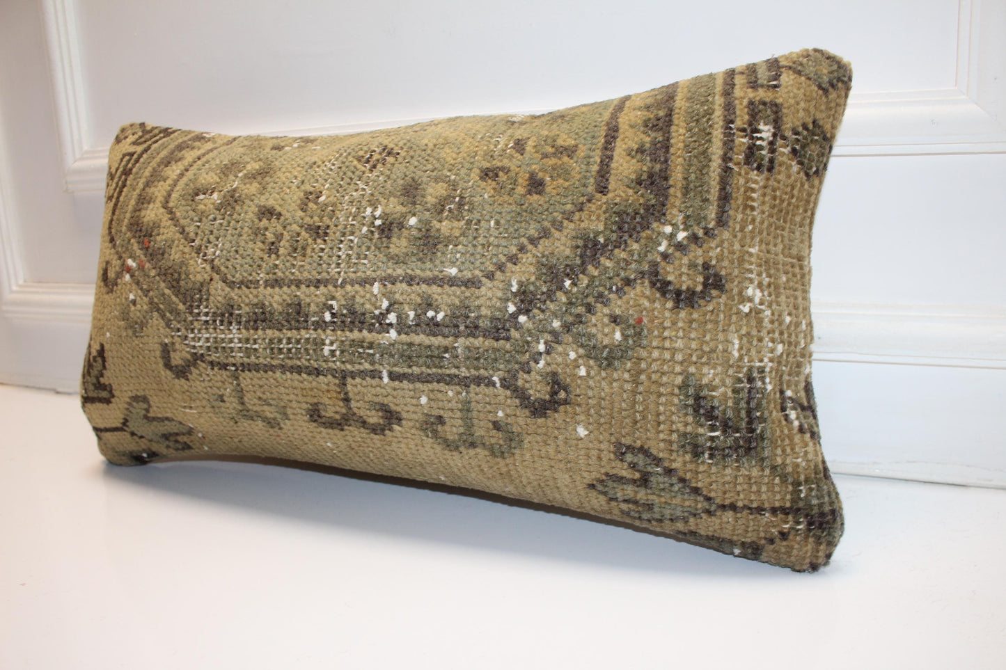Washed Antique Kilim Lumbar Pillow 12x24 Earthy Beige Boho Cushion Cover Vintage Tribal Accent