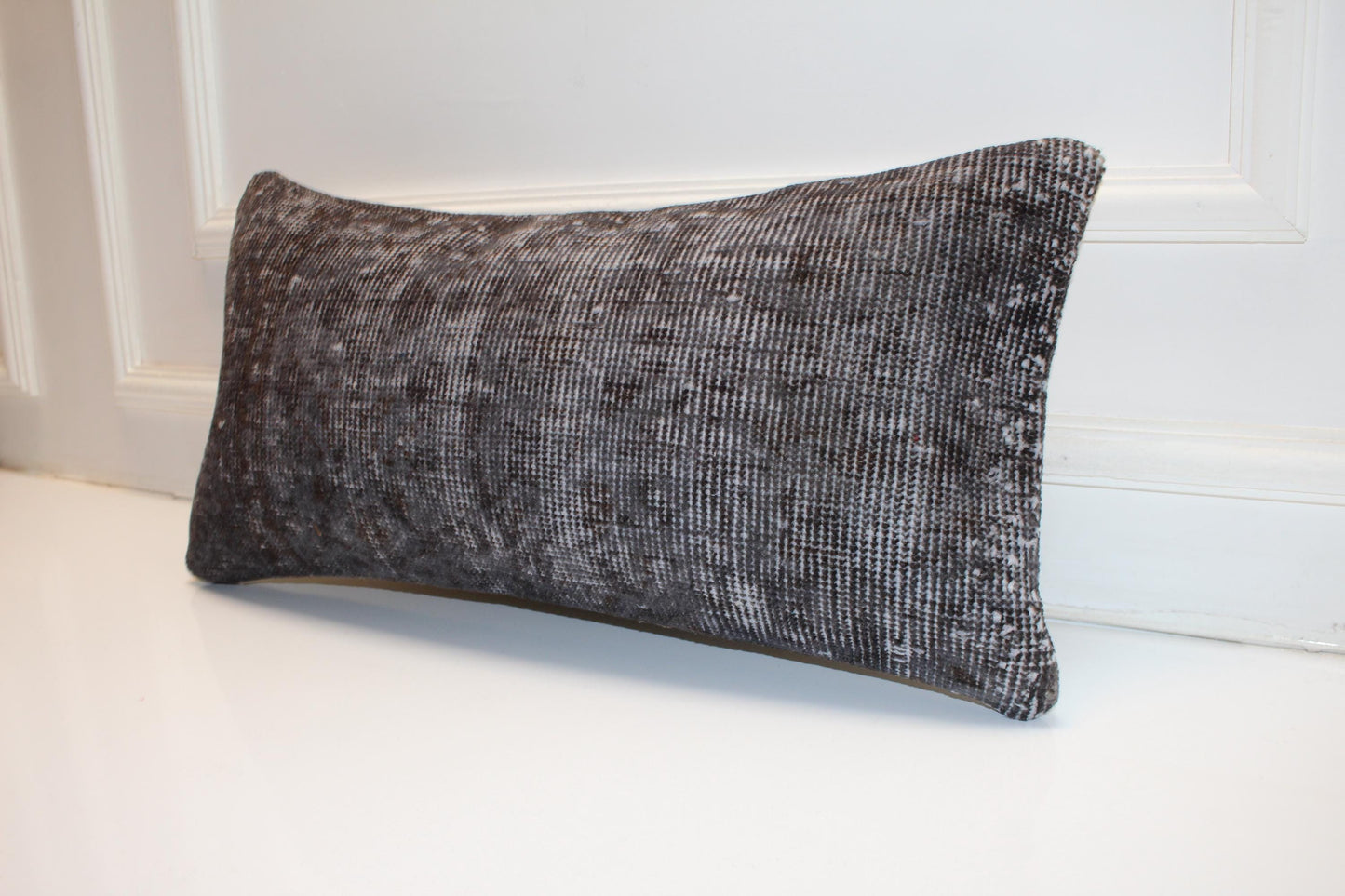 Charcoal Vintage Kilim Lumbar Pillow 12x24 Minimalist Neutral Cushion Cover Dark Boho Accent