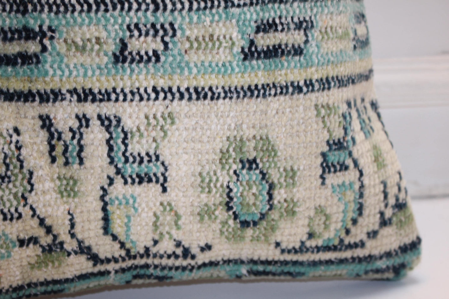 Soft Jade & Cream Woven Textile Pillow 16x16 Subtle Tribal Accent Mint Green Heritage Cushion
