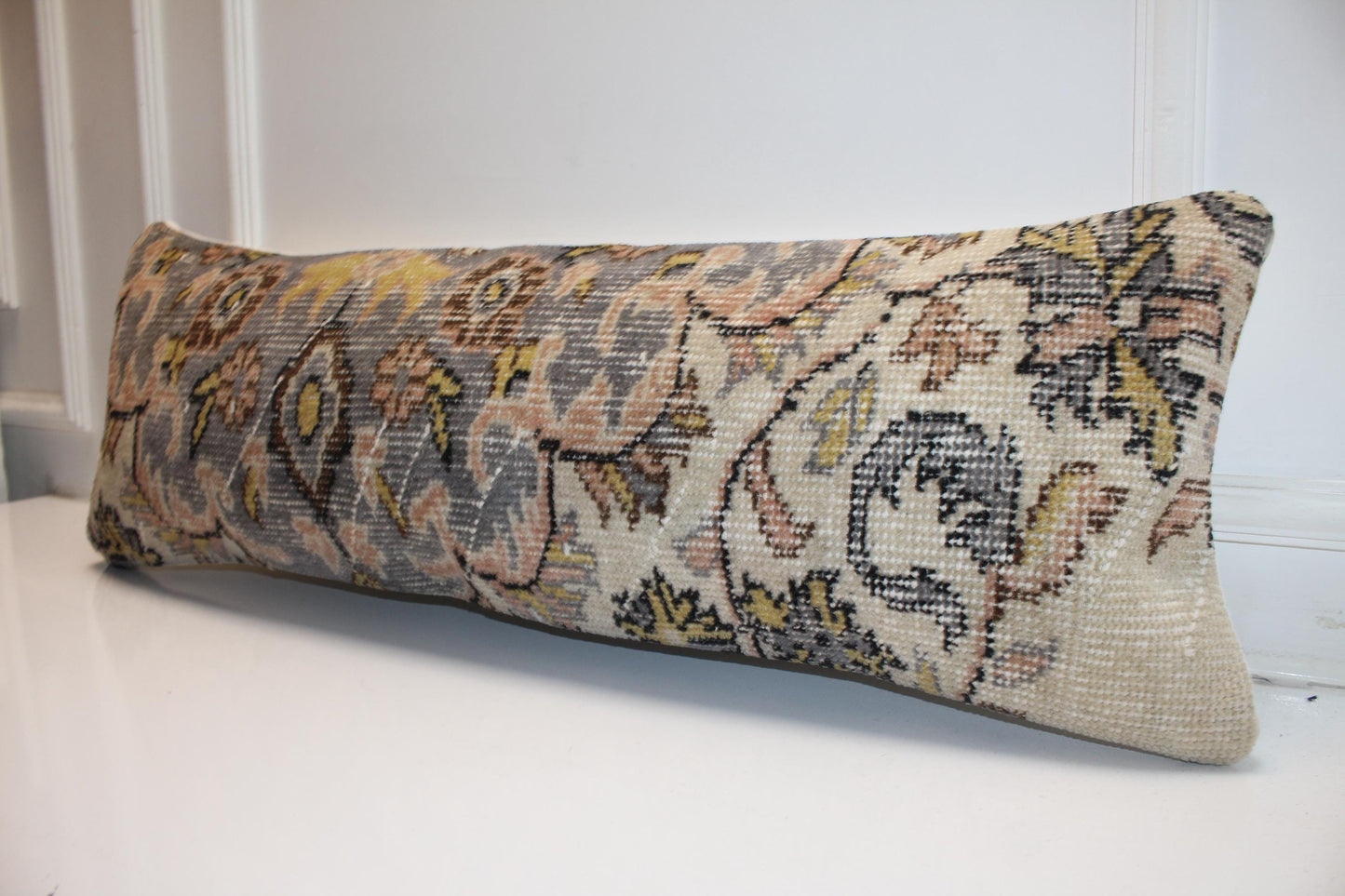 Ornate Silver & Blush Heritage Textile Lumbar Pillow 12x36 Soft Gold Accent Long Woven Cushion