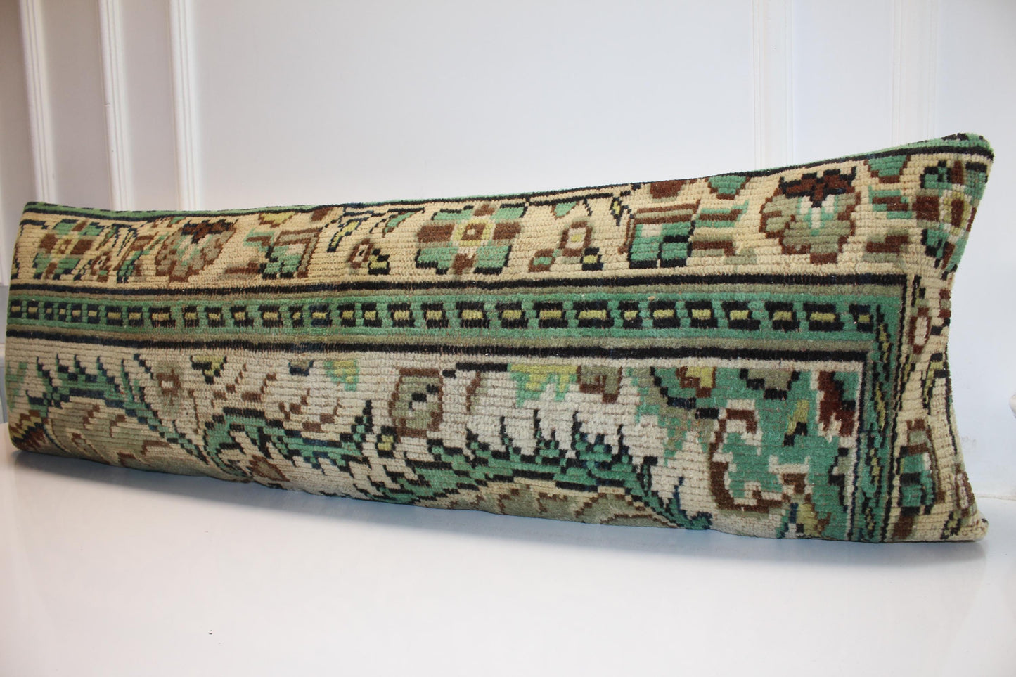 Vintage Turkish Kilim Bench Pillow Cover, 16x48 Lumbar Cushion, Forest Green Tribal
