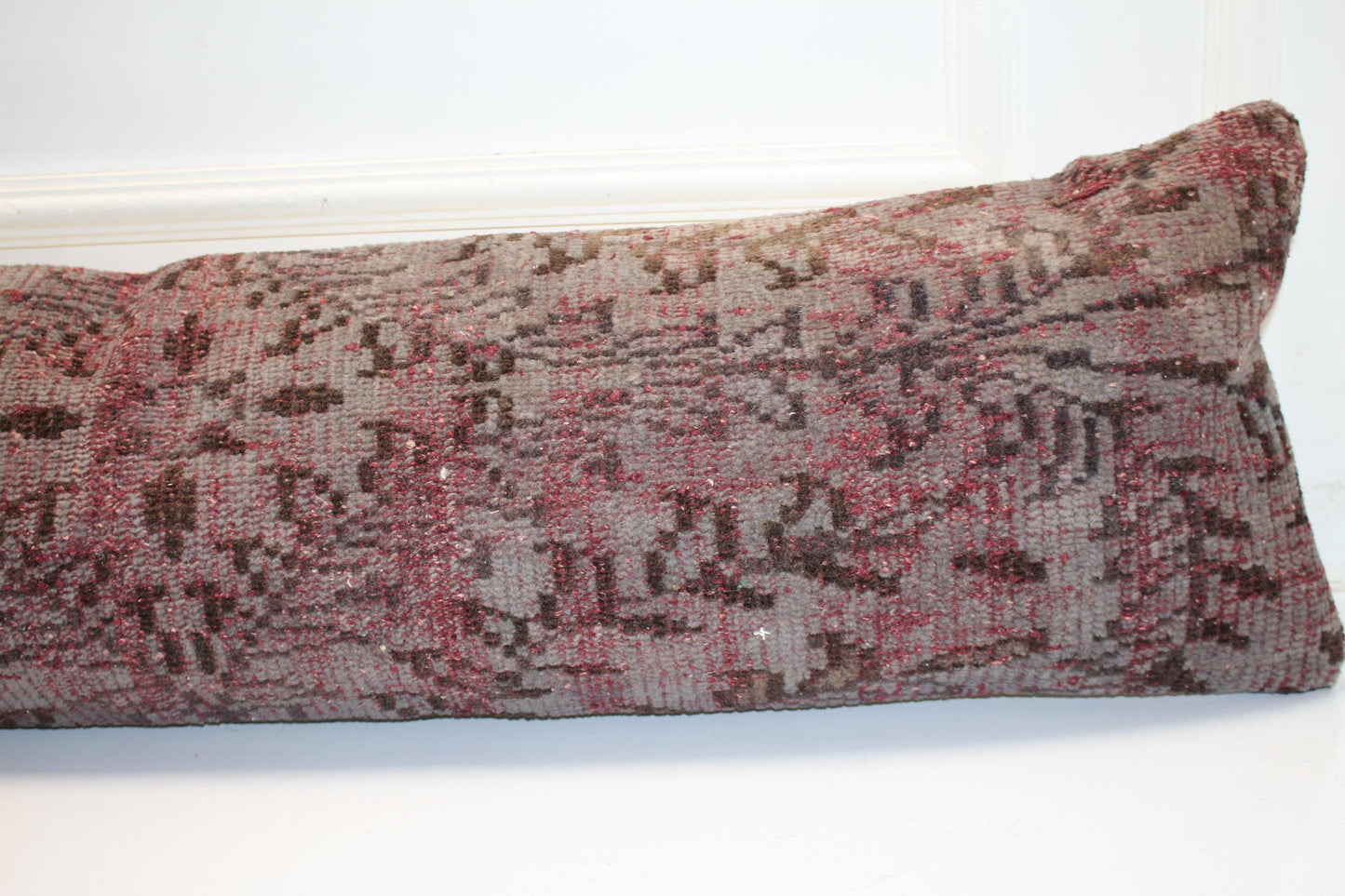 Muted Crimson Vintage Bench Pillow 12x48, Distressed Rug Lumbar Cushion