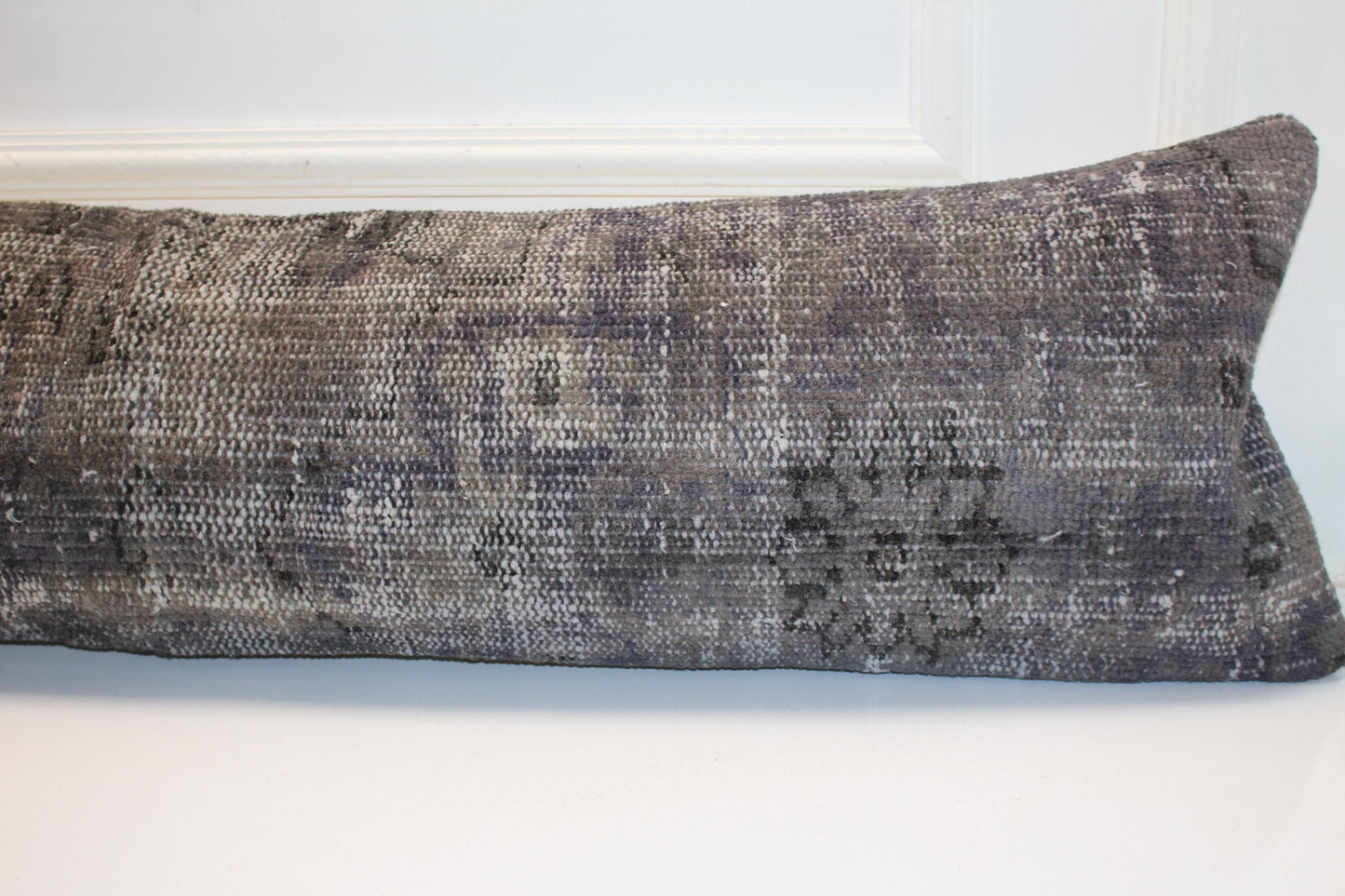 Antique Gray Turkish Rug Bench Pillow 12x48, Distressed Kilim Lumbar Cushion, Long Vintage Bench