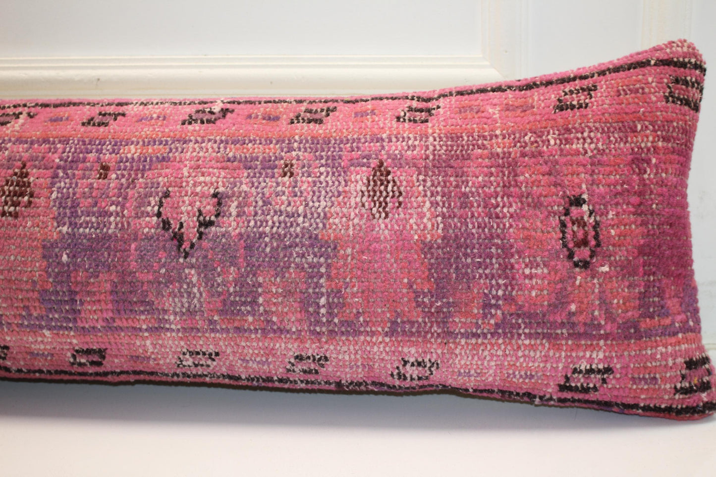 Pink Vintage Turkish Rug Bench Pillow 12x48, Magenta Kilim Lumbar Cushion