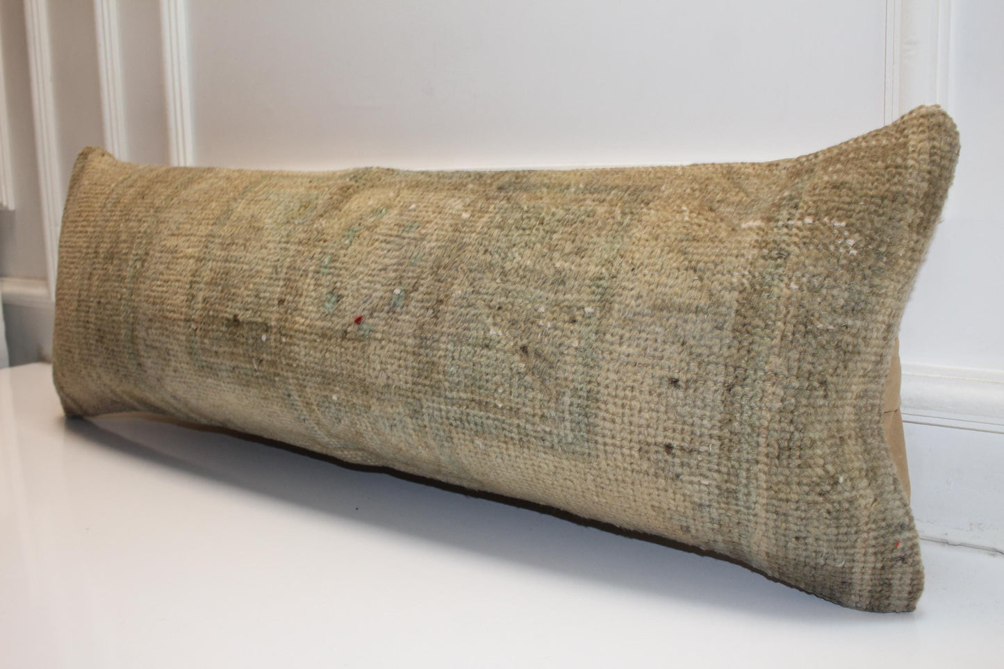 Handmade Kilim Lumbar Pillow Cover: Upcycled Woven Rug, 12x36 Inch Beige Cushion