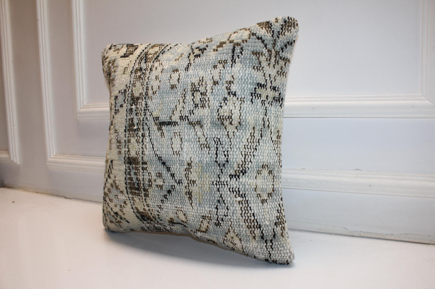 Handmade Kilim Pillow Cover: Upcycled Wool, Neutral Boho Throw Cushion (16x16 in)