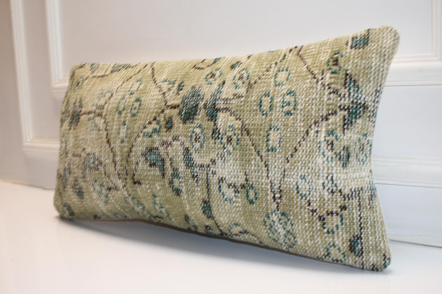 Turkish Kilim Lumbar Pillow 12x24 Sage Green Handwoven Rug Cushion Cover Geometric Boho