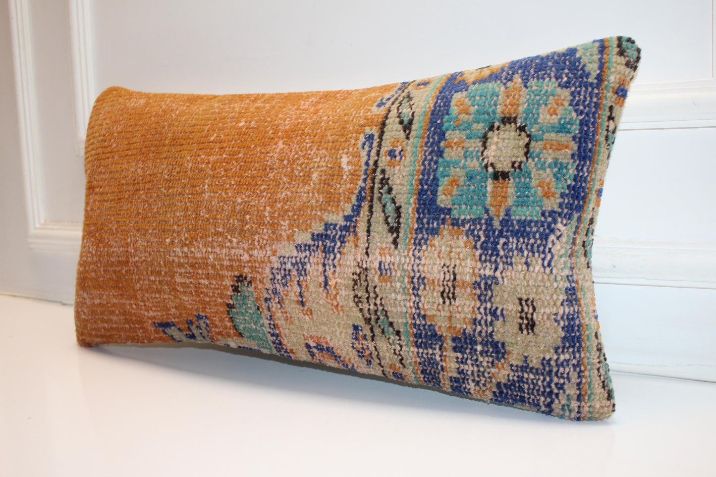 Turkish Kilim Lumbar Pillow 12x24 Mustard Turquoise Handwoven Rug Cushion Cover