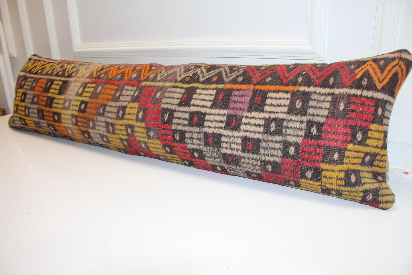 Turkish Kilim Bench Pillow 12x48 Long Lumbar Cushion Cover Colorful Tribal Handwoven