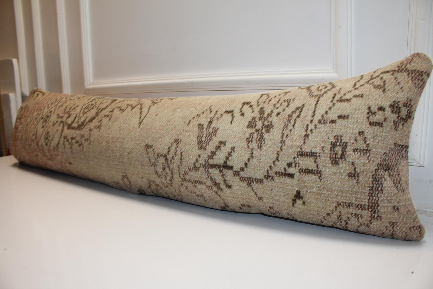 Vintage Turkish Kilim Pillow Cover – Washed Sand Botanical Lumbar Bench Cushion