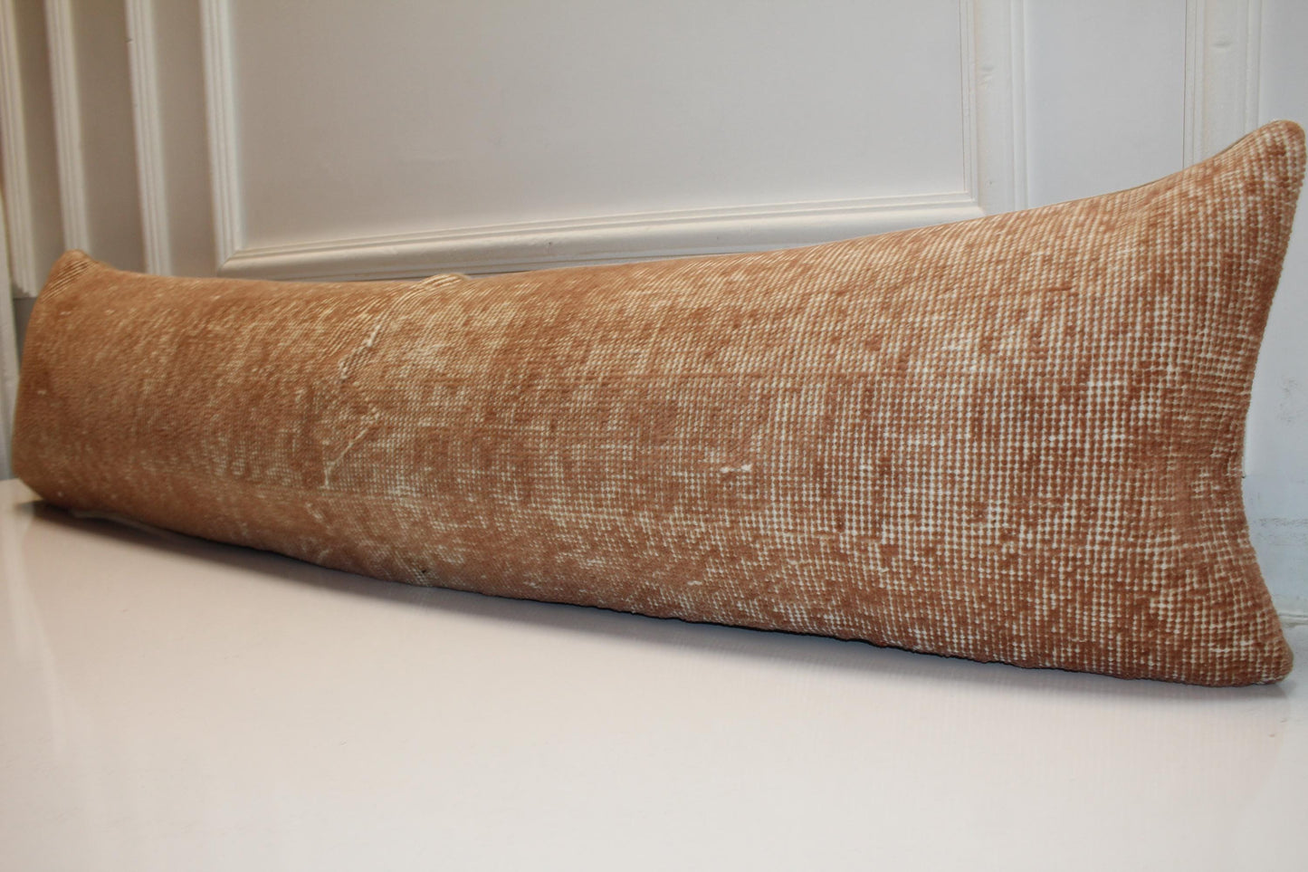 Vintage Turkish Rug Bench Pillow 12x48 – Warm Clay Distressed Lumbar for Long Sculptural Seating