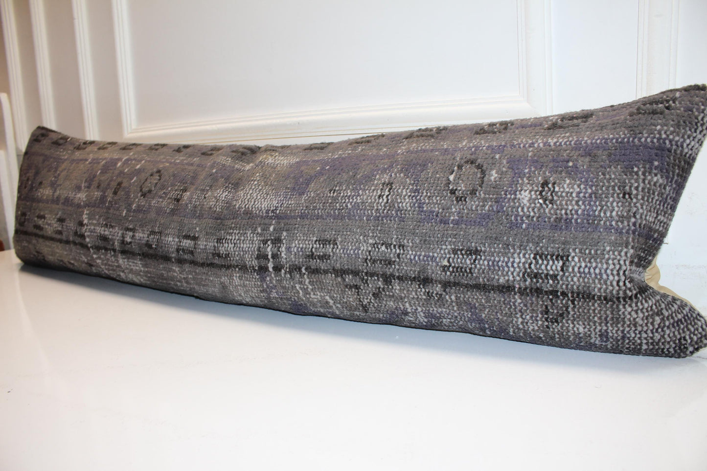 Charcoal Gray Vintage Turkish Rug Bench Pillow, Long Lumbar Cushion for Sofa 12X48