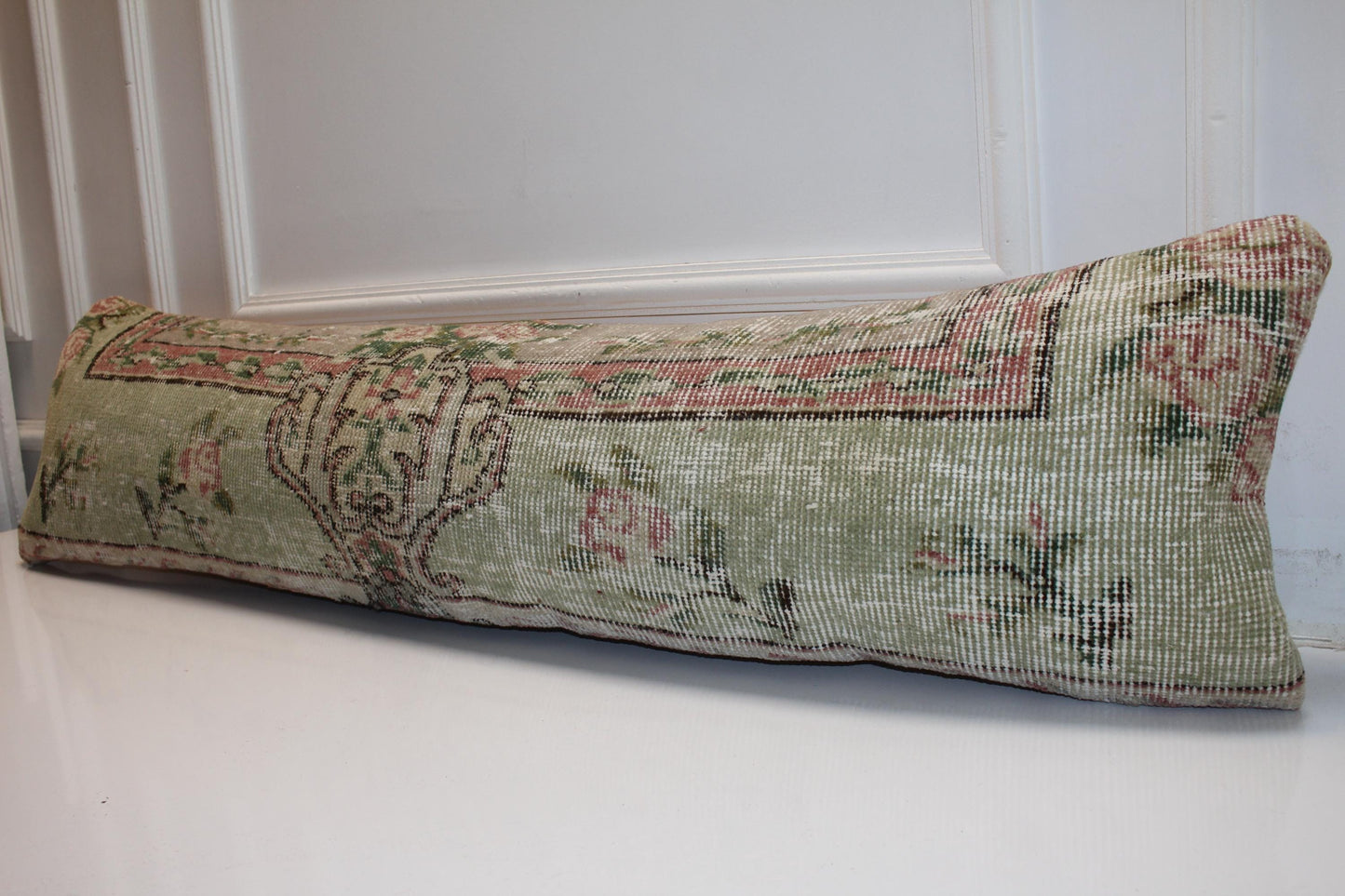 Muted Green Pink Long Lumbar Cushion, Elegant Botanical Sofa Pillow 12X48