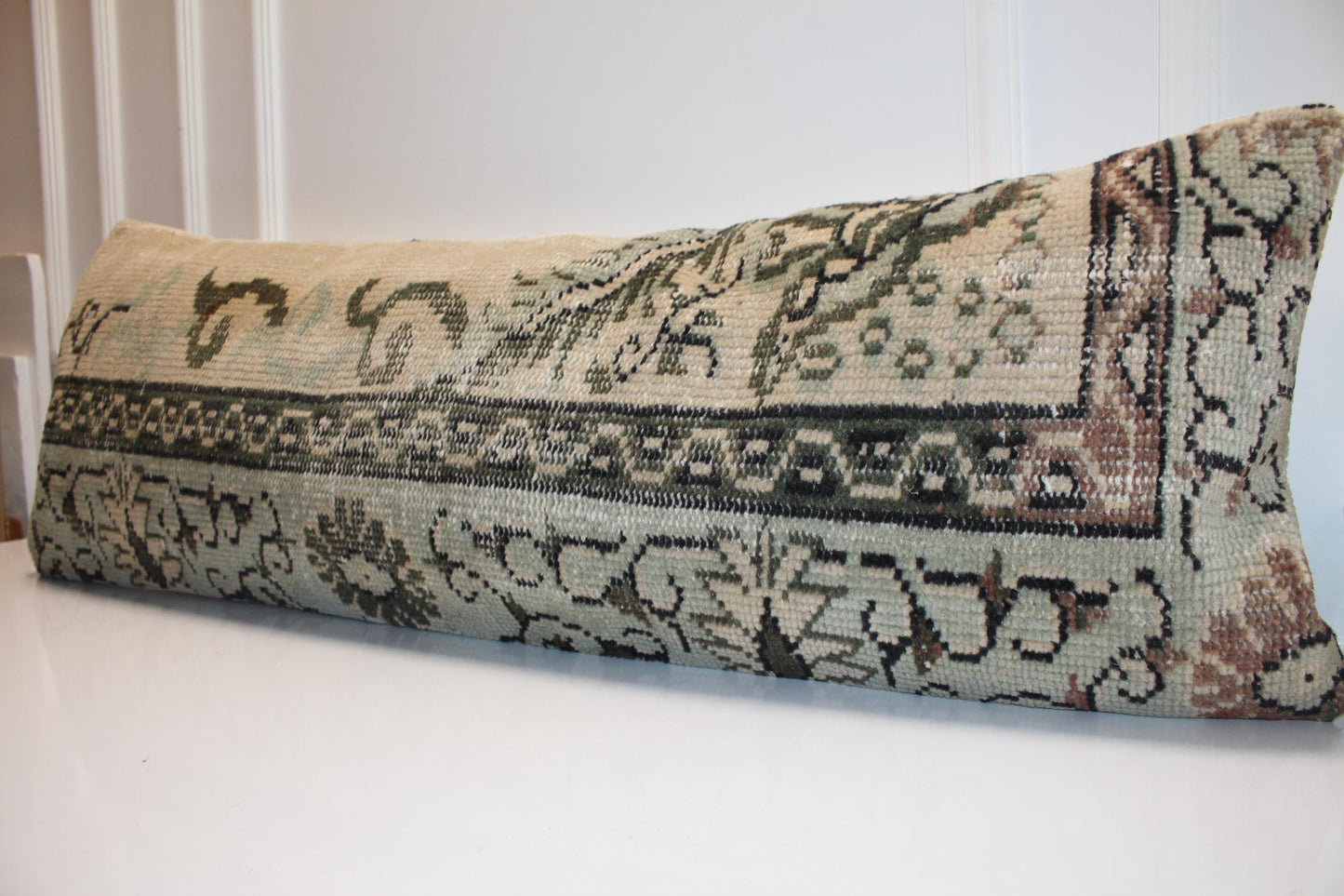 Vintage Turkish Kilim Lumbar Pillow Cover, 16x48 Inch Bench Cushion, Boho Anatolian Beige Olive