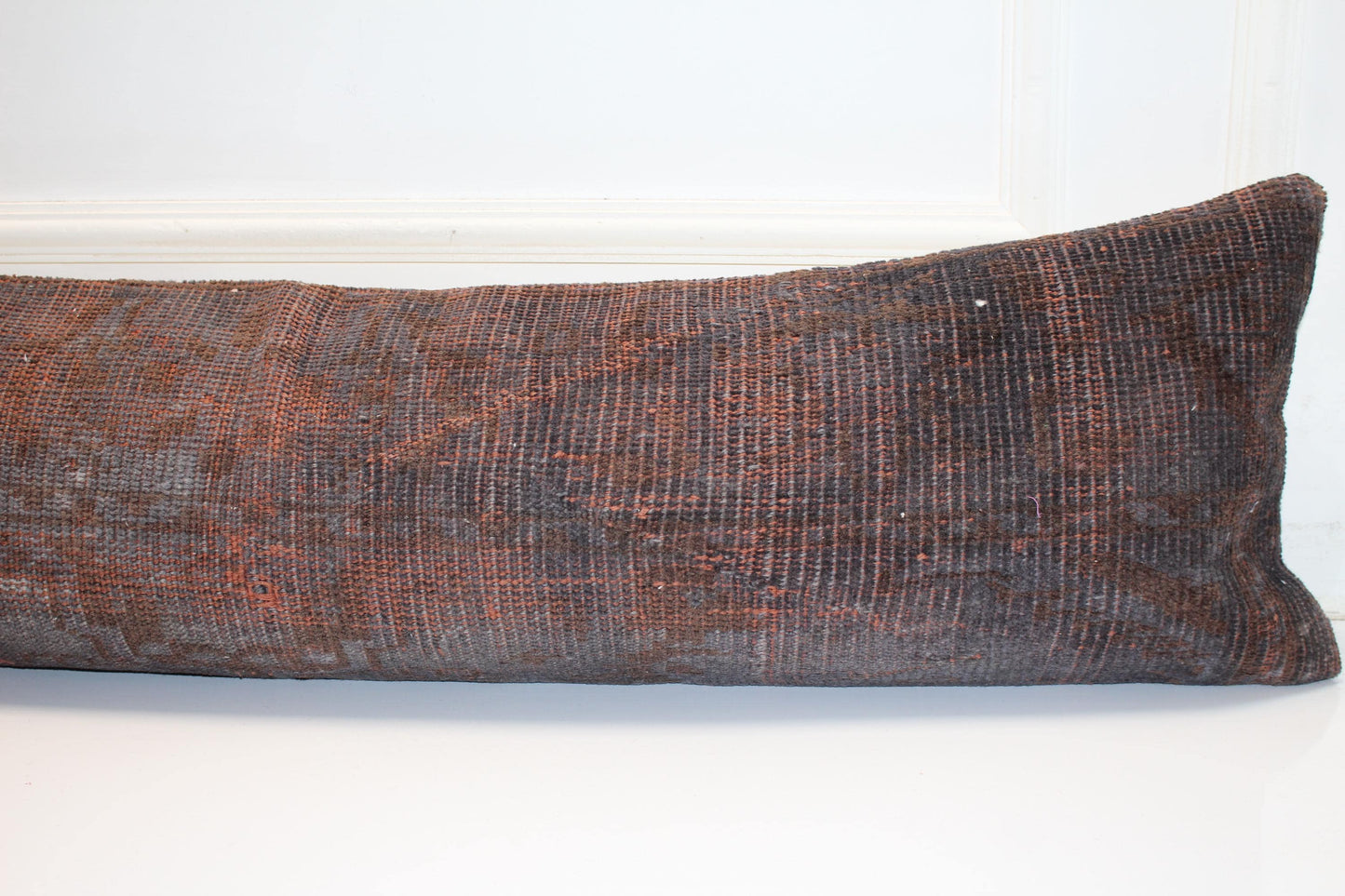 Burnt Orange Vintage Turkish Rug Bench Pillow 12x48, Dark Rust Kilim Lumbar Cushion