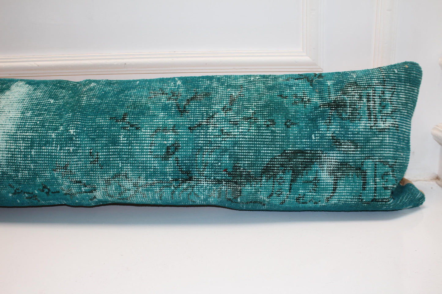 Emerald Vintage Turkish Rug Bench Pillow 12x48, Deep Teal Kilim Lumbar Cushion