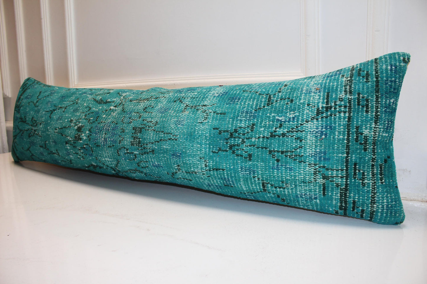 Emerald Teal Vintage Turkish Rug Bench Pillow, Bold Overdyed Long Lumbar Cushion 12X48