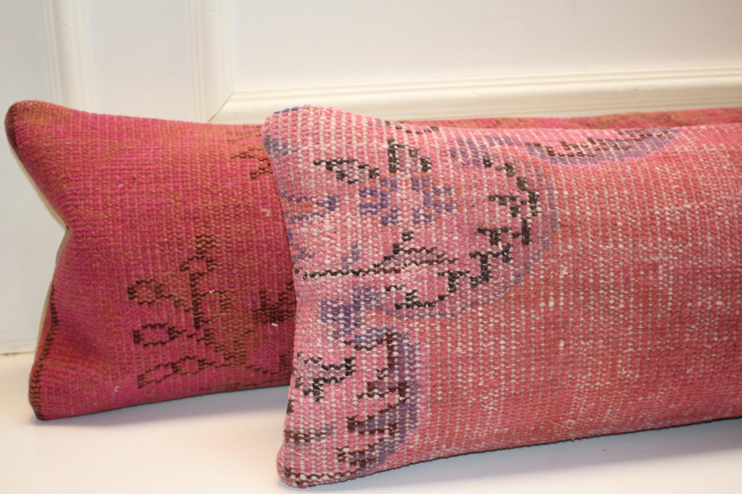 Blush Pop Bench Pillow Set 12x48, Pink Vintage Textile Duo, Extra Long Lumbar Cushions