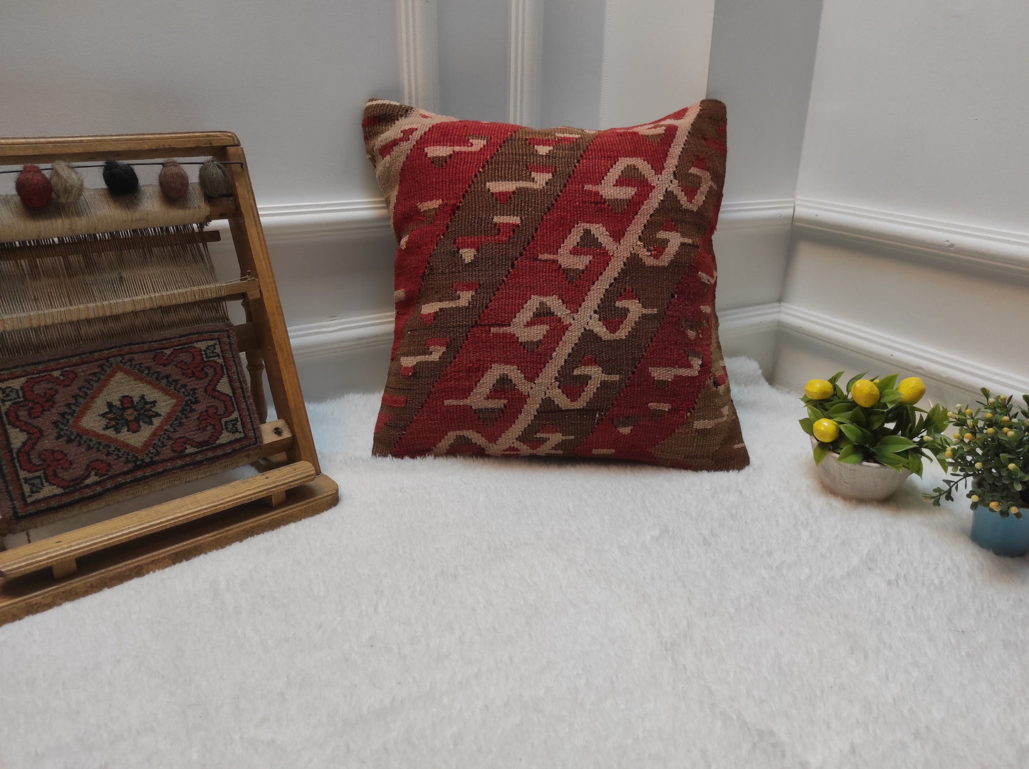 Handmade Kilim Pillow Cover: Red Brown Anatolian Rug, 16x16 inc