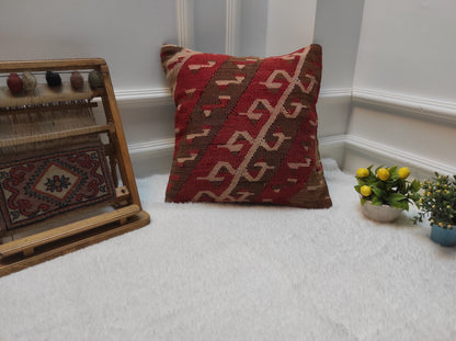 Handmade Kilim Pillow Cover: Red Brown Anatolian Rug, 16x16 inc