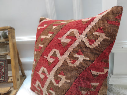 Handmade Kilim Pillow Cover: Red Brown Anatolian Rug, 16x16 inc