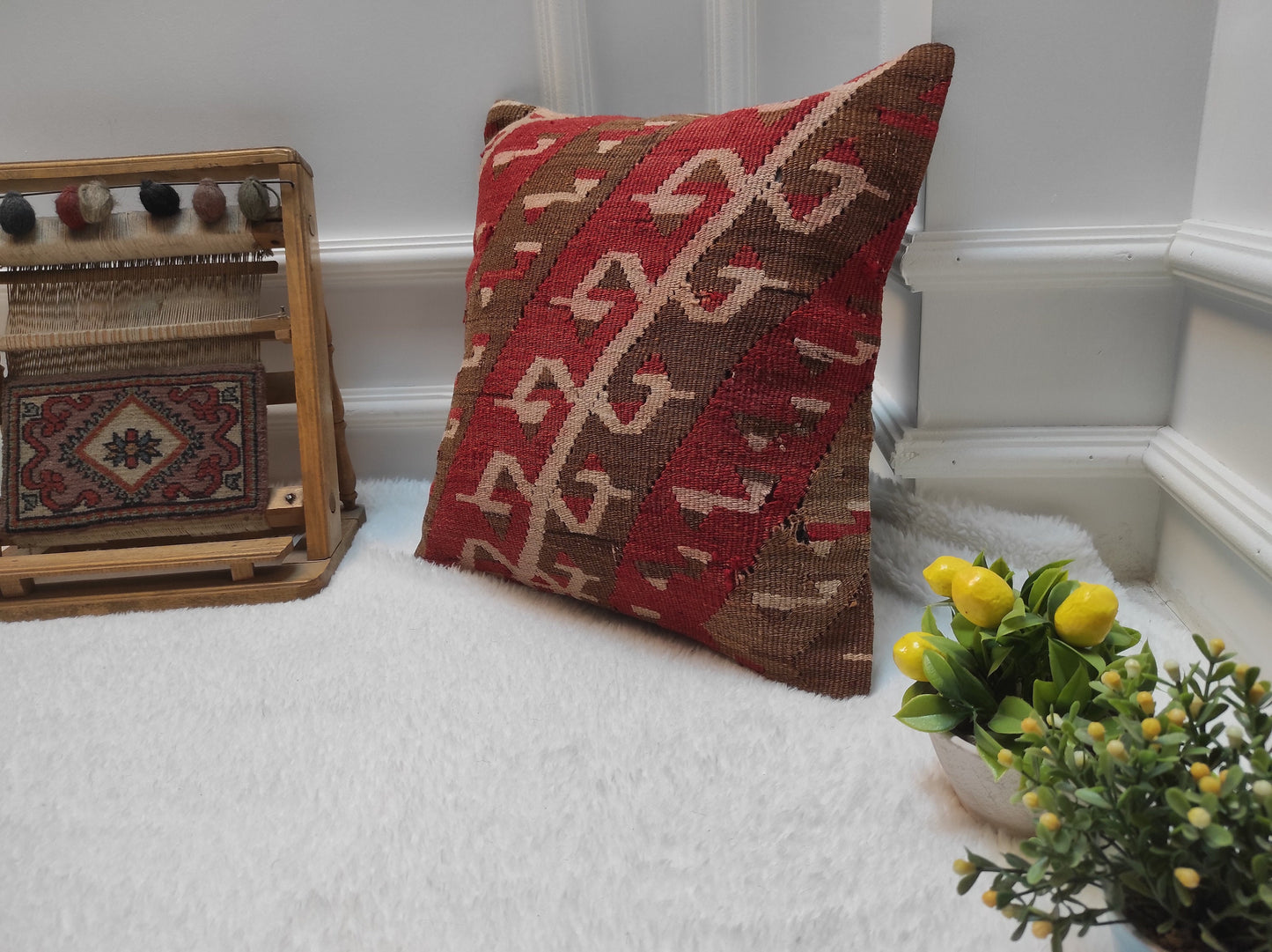 Handmade Kilim Pillow Cover: Red Brown Anatolian Rug, 16x16 inc