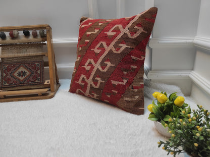 Handmade Kilim Pillow Cover: Red Brown Anatolian Rug, 16x16 inc