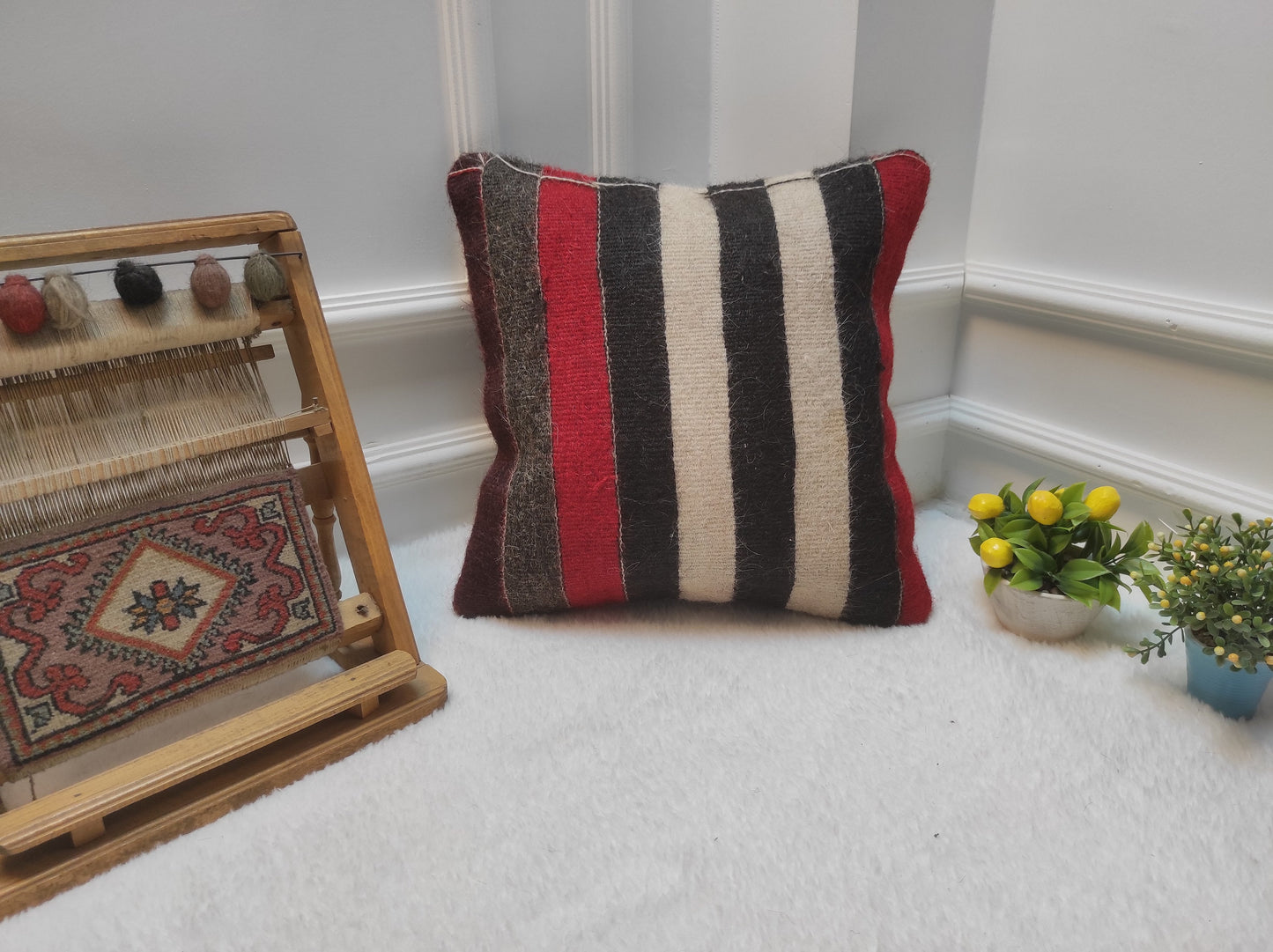 Handmade Kilim Pillow Cover: Upcycled Turkish Rug, Striped Accent Pillow (16x16)