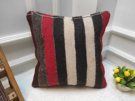 Handmade Kilim Pillow Cover: Upcycled Turkish Rug, Striped Accent Pillow (16x16)