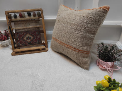 Handwoven Kilim Pillow Cover: Upcycled Rustic Ethnic Pillow (16x16 Inc)