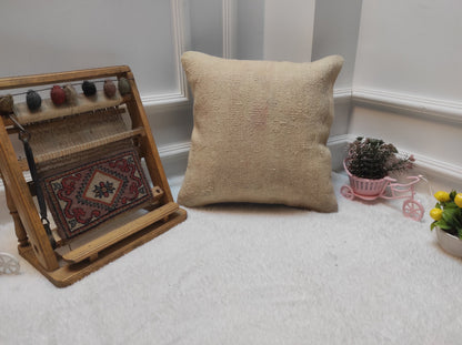 Handmade White Kilim Pillow Cover: Upcycled Woven Rug, 16x16 in