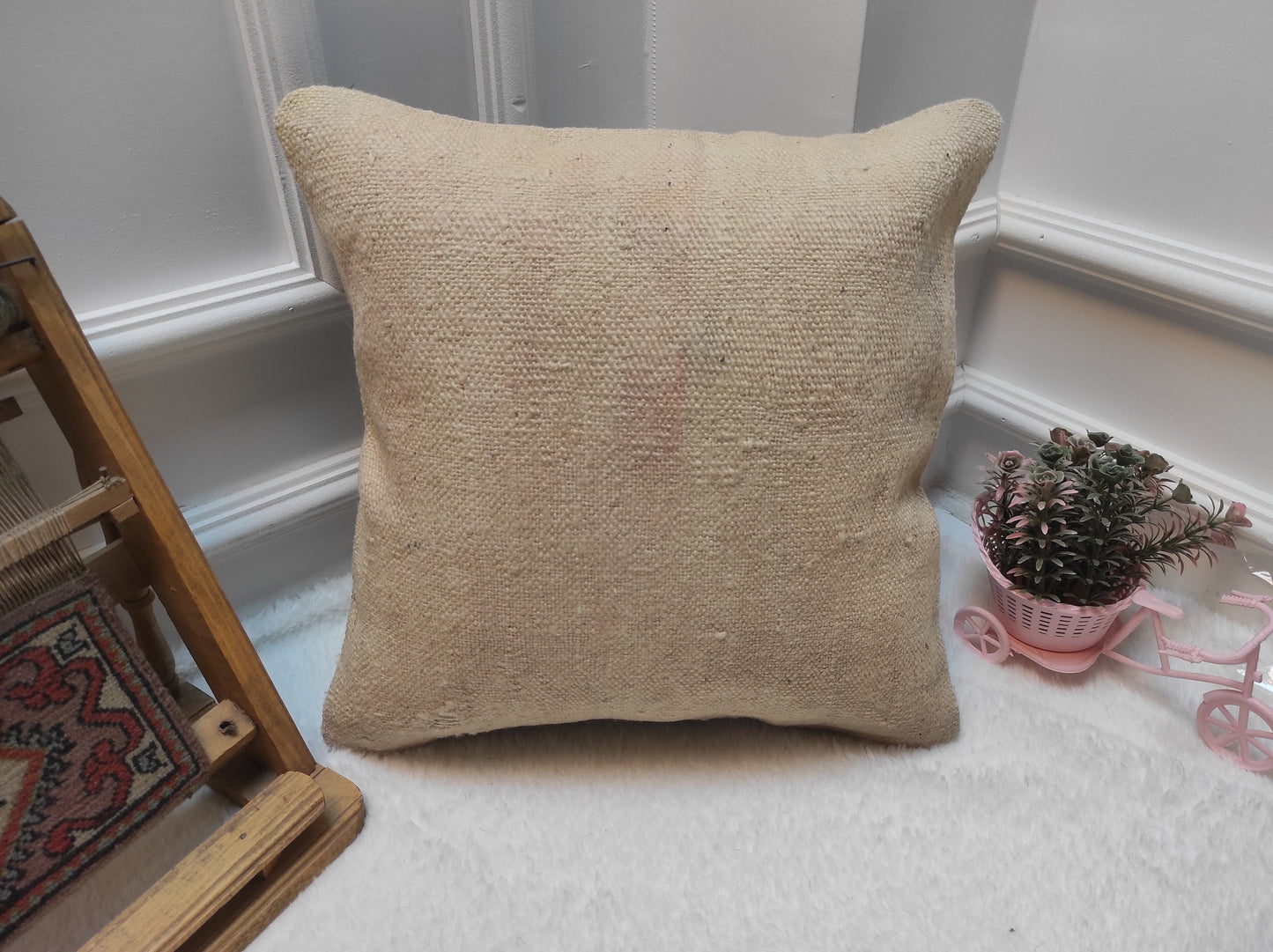 Handmade White Kilim Pillow Cover: Upcycled Woven Rug, 16x16 in