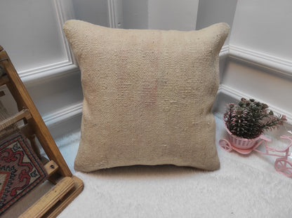 Handmade White Kilim Pillow Cover: Upcycled Woven Rug, 16x16 in