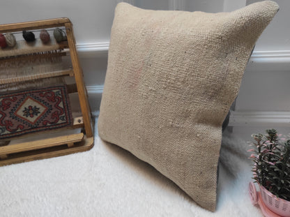 Handmade White Kilim Pillow Cover: Upcycled Woven Rug, 16x16 in
