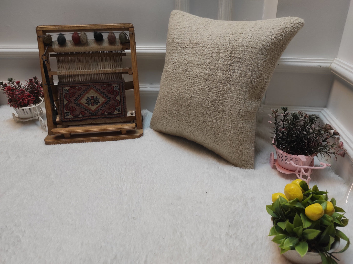 Handmade Kilim Pillow Cover: White Bohemian Woven Rug Pillow (16x16 in)
