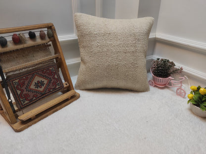 Handmade Kilim Pillow Cover: White Bohemian Woven Rug Pillow (16x16 in)