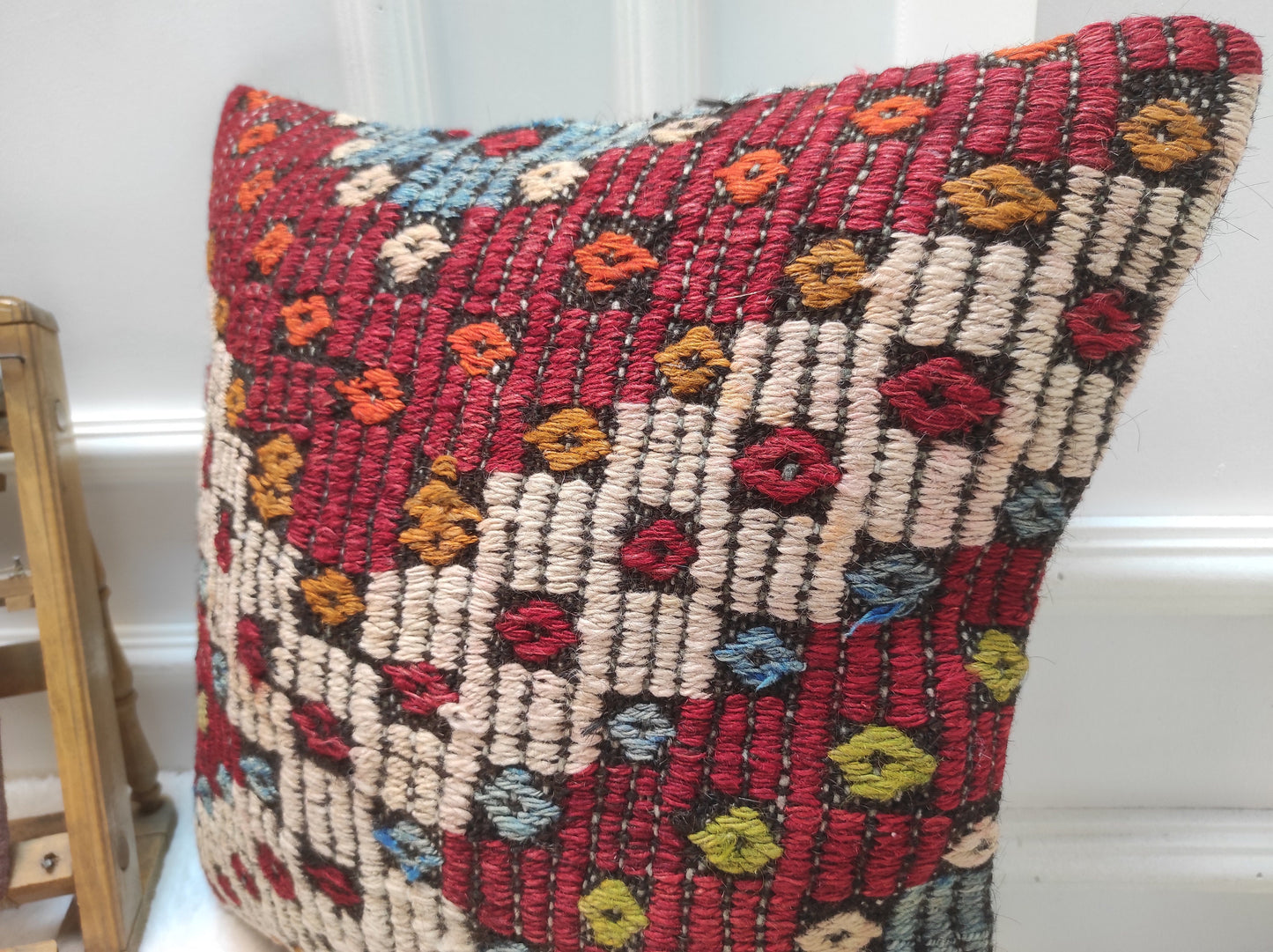 Handmade Kilim Pillow Cover: Upcycled Ethnic Woven Rug, 18x18 inch