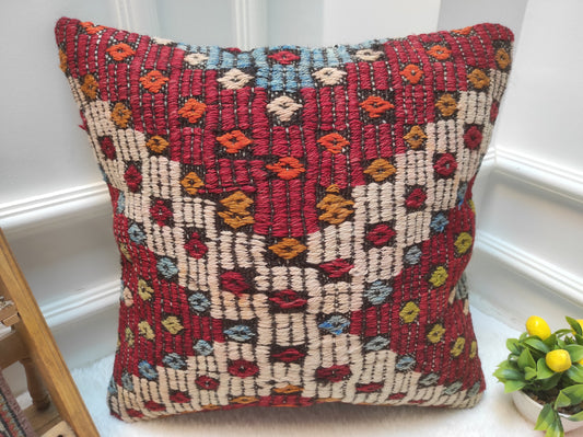 Handmade Kilim Pillow Cover: Upcycled Ethnic Woven Rug, 18x18 inch