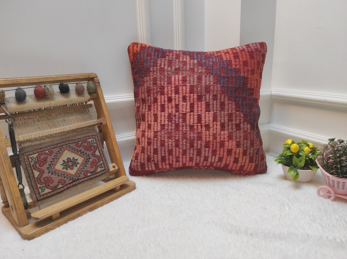 Handmade Kilim Pillow Cover: Upcycled Woven Rug, Red Ethnic Design (18x18 in)