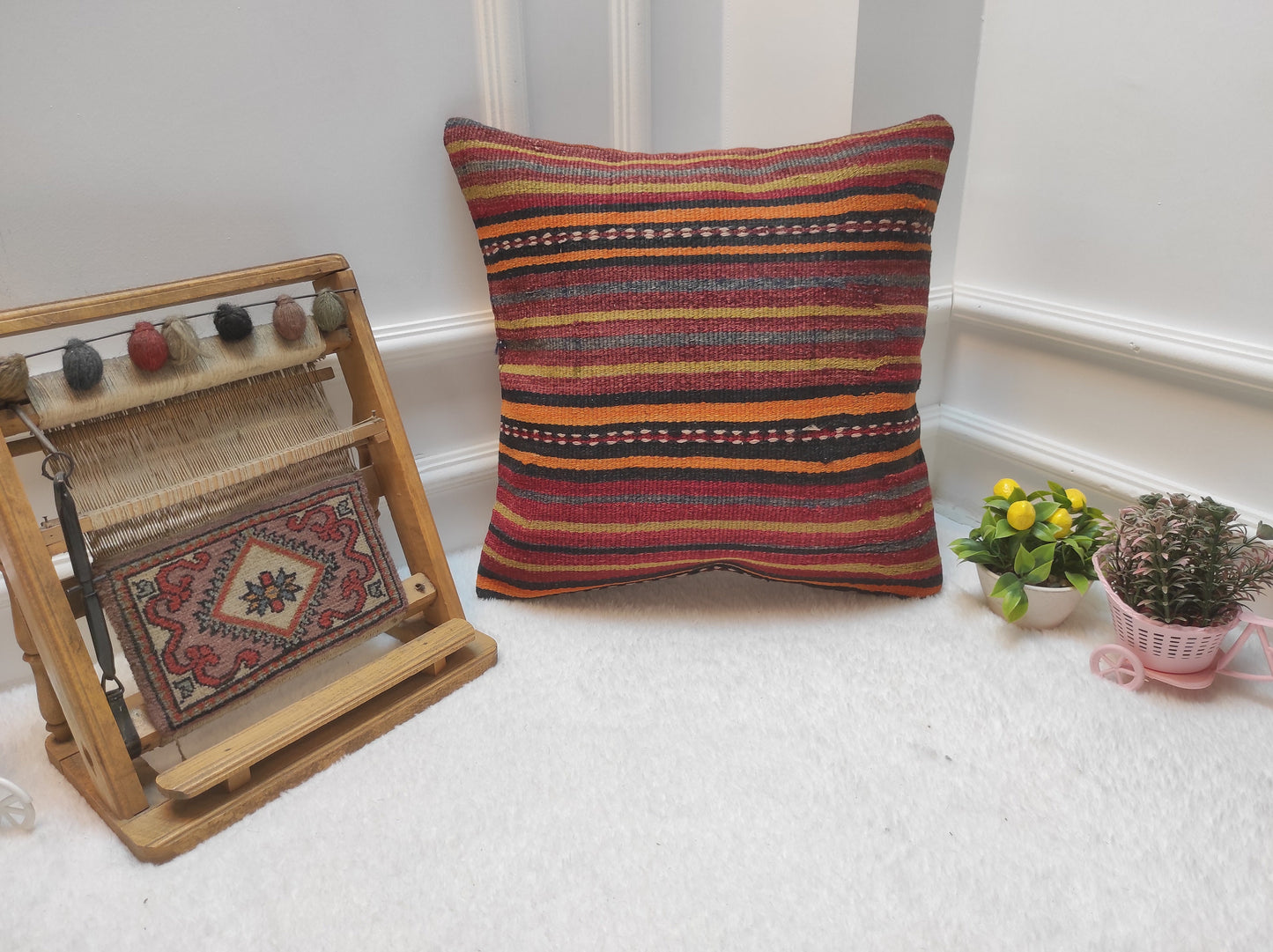 Handmade Kilim Pillow Cover: Upcycled Woven Rug, Red Striped Throw Pillow (18x18 inc)