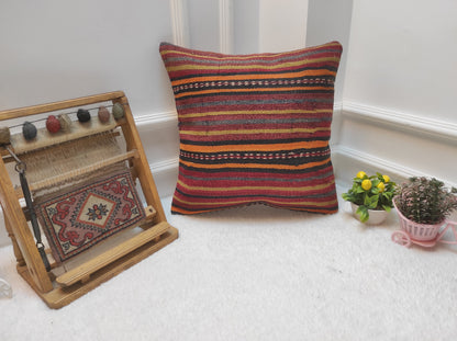 Handmade Kilim Pillow Cover: Upcycled Woven Rug, Red Striped Throw Pillow (18x18 inc)