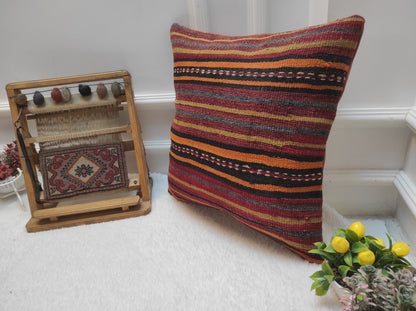 Handmade Kilim Pillow Cover: Upcycled Woven Rug, Red Striped Throw Pillow (18x18 inc)