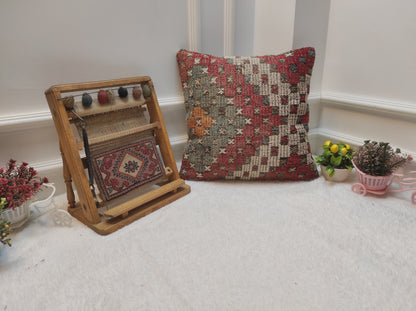 Handmade Kilim Pillow Cover: Upcycled Woven Rug, Red Ethnic Throw Pillow (18x18 inc)