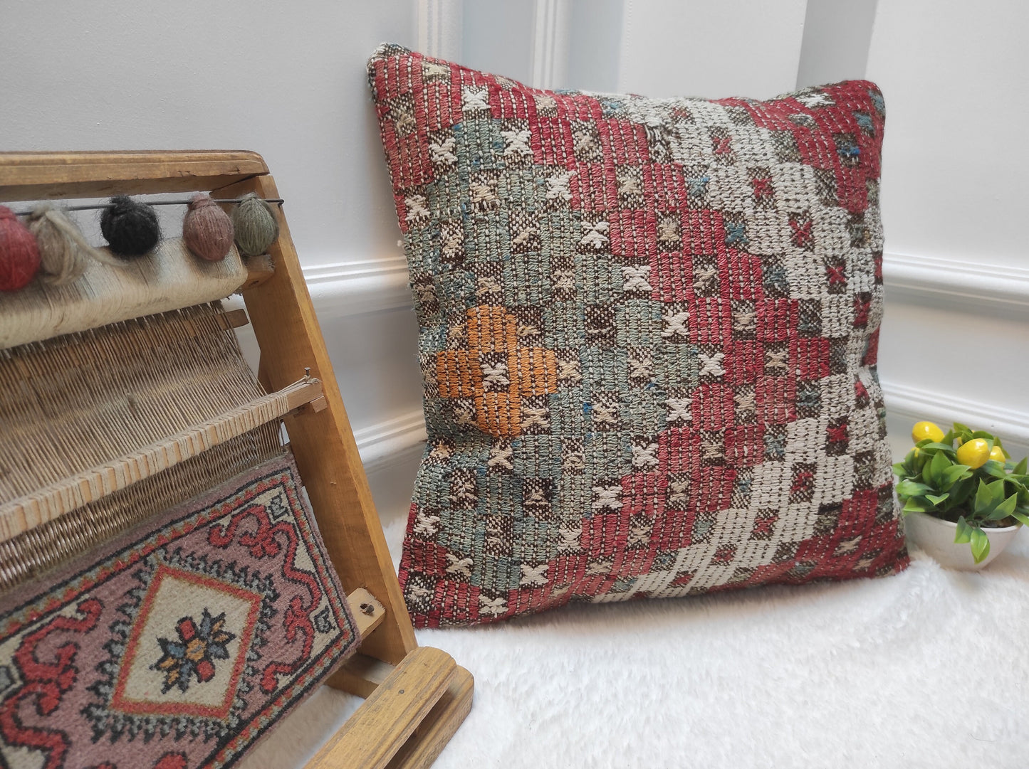 Handmade Kilim Pillow Cover: Upcycled Woven Rug, Red Ethnic Throw Pillow (18x18 inc)