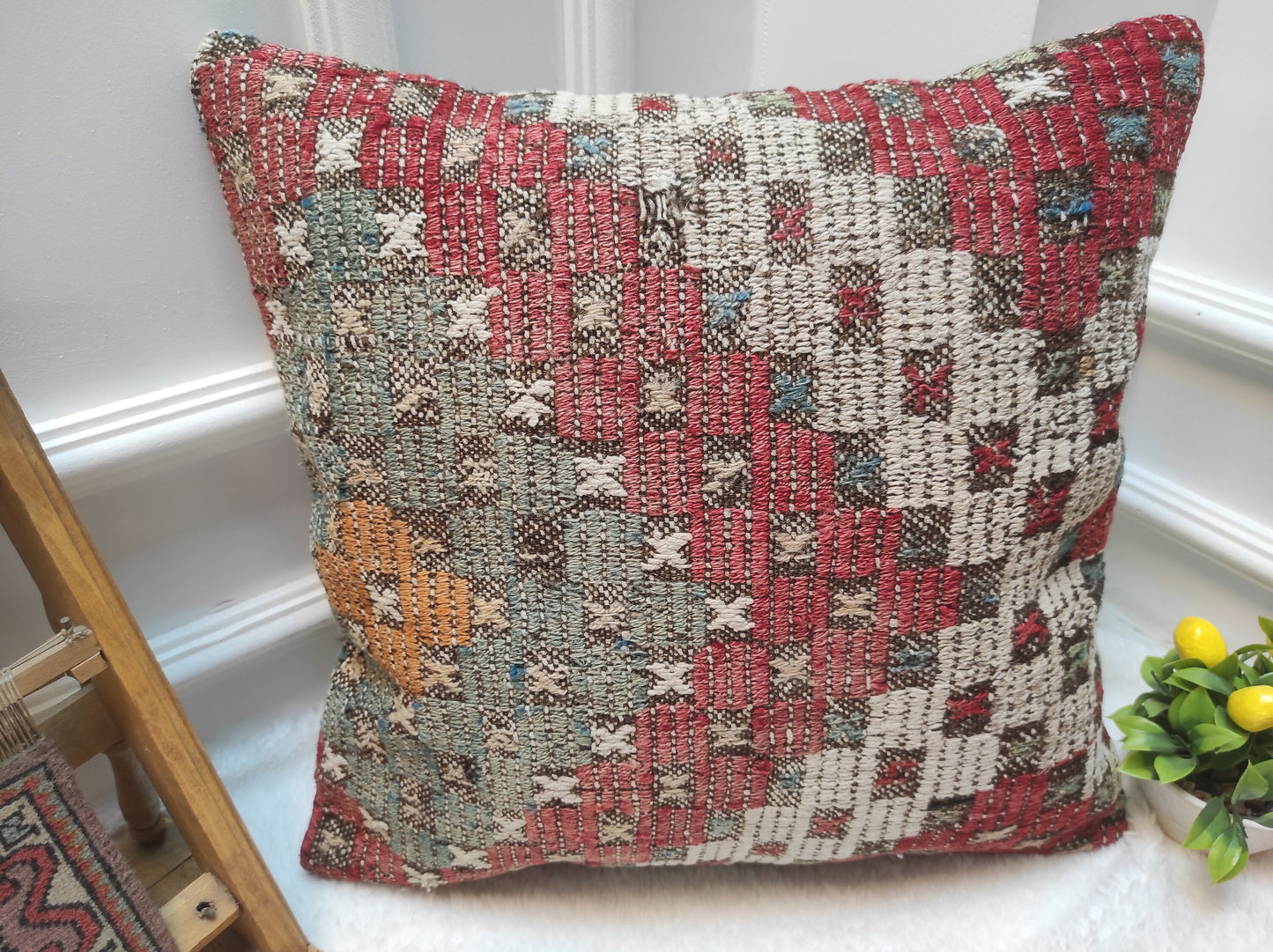 Handmade Kilim Pillow Cover: Upcycled Woven Rug, Red Ethnic Throw Pillow (18x18 inc)