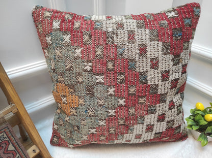 Handmade Kilim Pillow Cover: Upcycled Woven Rug, Red Ethnic Throw Pillow (18x18 inc)