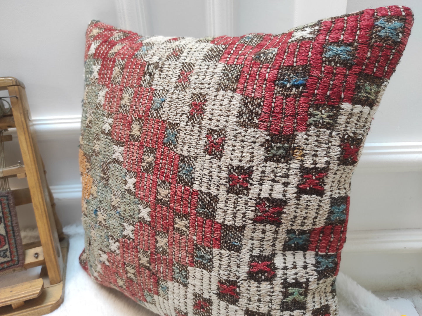 Handmade Kilim Pillow Cover: Upcycled Woven Rug, Red Ethnic Throw Pillow (18x18 inc)